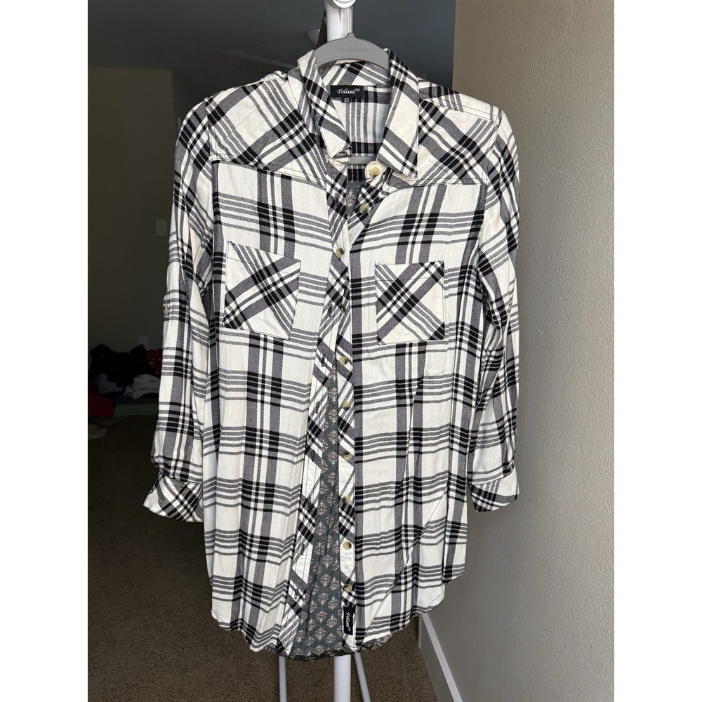 Tolani Collection Black White Plaid Tunic Print Back Roll Tab Sleeve Womens XS